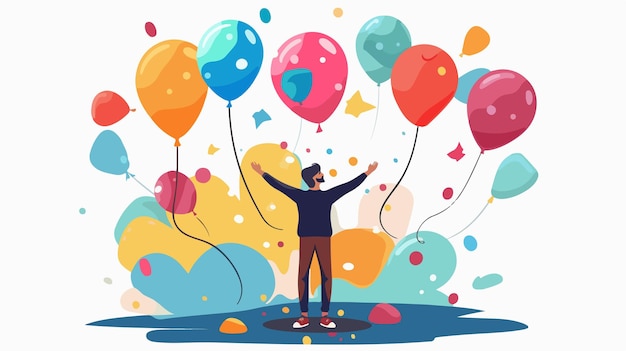 Vector a man with his arms raised above his head with balloons in the background