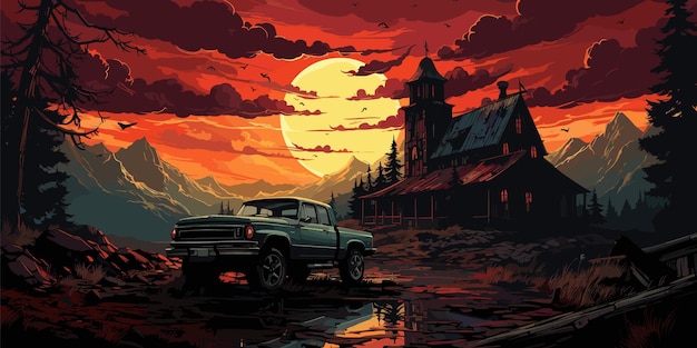 man with his truck standing in front of the old church in forest at sunset digital art style illustration painting