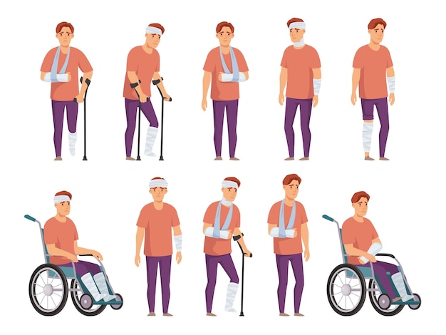 Man with injury Rehabilitation and injury recovery male character with arm sling head bandage crutches leg cast and wheelchair cartoon vector illustration set