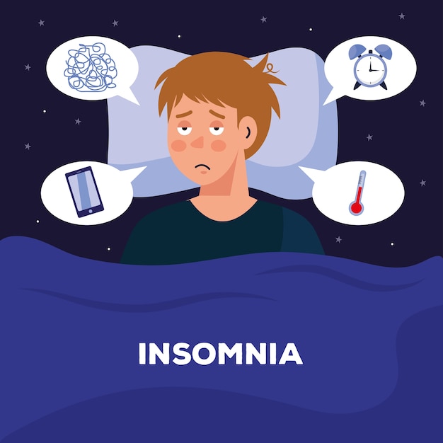 Man with insomnia in bed with bubbles design, sleep and night theme.