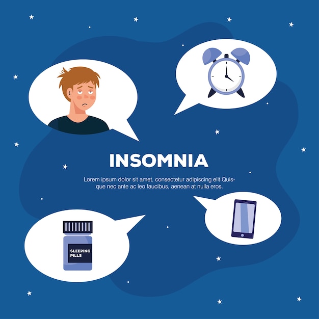 Man with insomnia clock sleeping pills and smartphone in bubbles design, sleep and night theme.