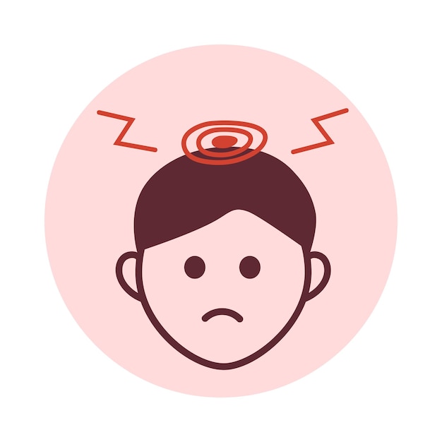 Man with intense headache and lightning strike icon Linear pictogram of head pain and migraine