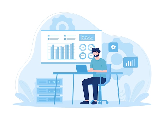 Man with laptop analyzing infographics and big data concept flat illustration