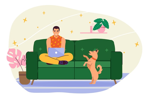 Vector man with laptop at home young guy with gadget and device at sofa remote worker and freelancer work