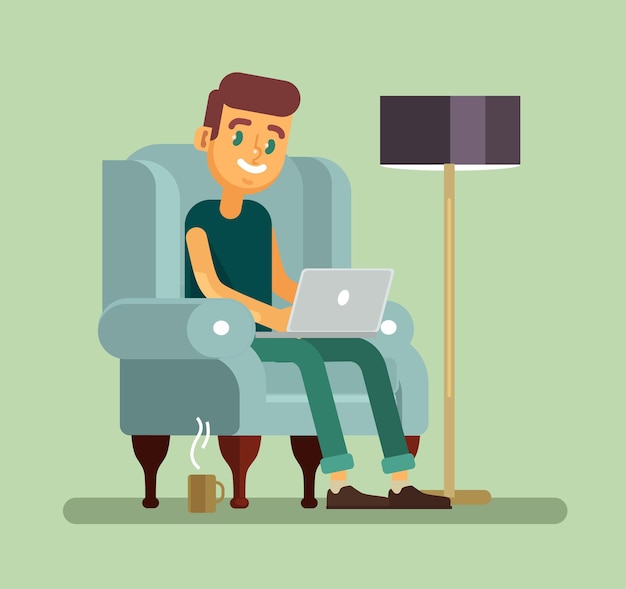 Man with laptop relaxing in chair.  flat cartoon illustration