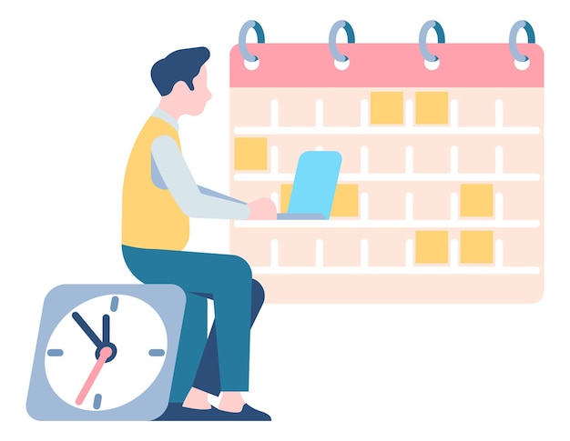 Vector man with laptop sitting on clock looking at calendar. planning concept