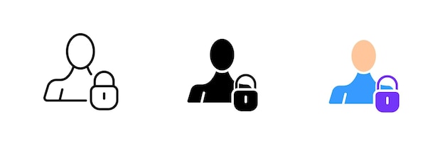 Man with a lock Personal data restricted access information account data protection Vector set icon in line black and colorful styles isolated on white background