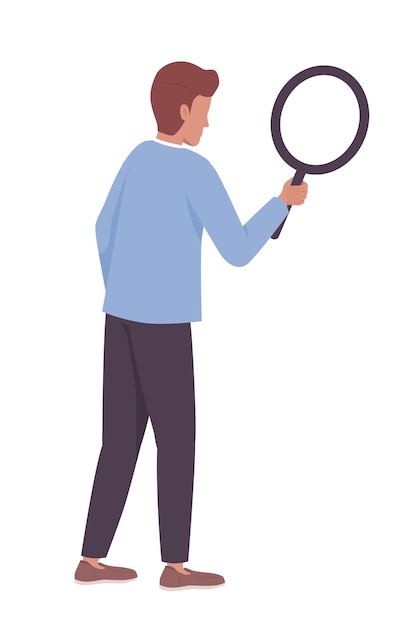 Man with magnifying glass semi flat color vector character