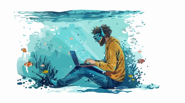 a man with a mask on his face sits in the water with a laptop