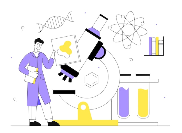 Vector man with microscope line concept young guy in laboratory with equipment for scientific research character develops cure and medication learning and education linear flat vector illustration