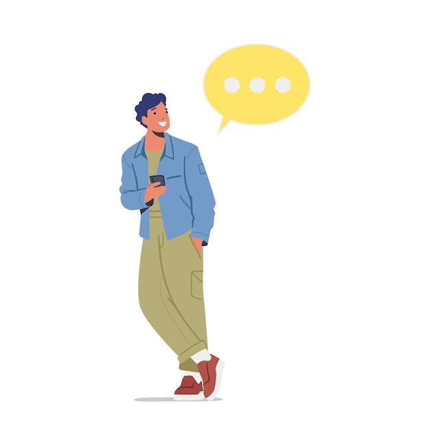 Man with Mobile Phone and Speech Bubble Cellphone Communication Concept Smiling Male Character Speak by Cellphone