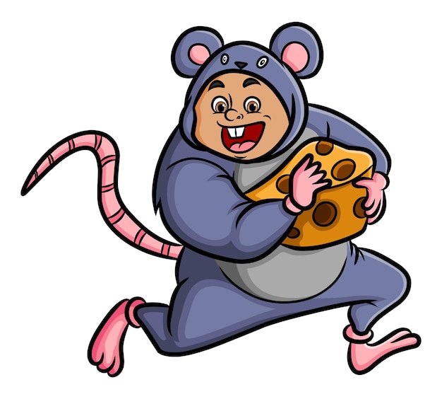 The man with mouse costume is stealing a big cheese