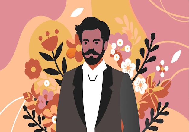 A man with a mustache stands in front of a flowery background