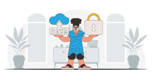 Vector man with padlock and cloud storage, modern character in vector style.