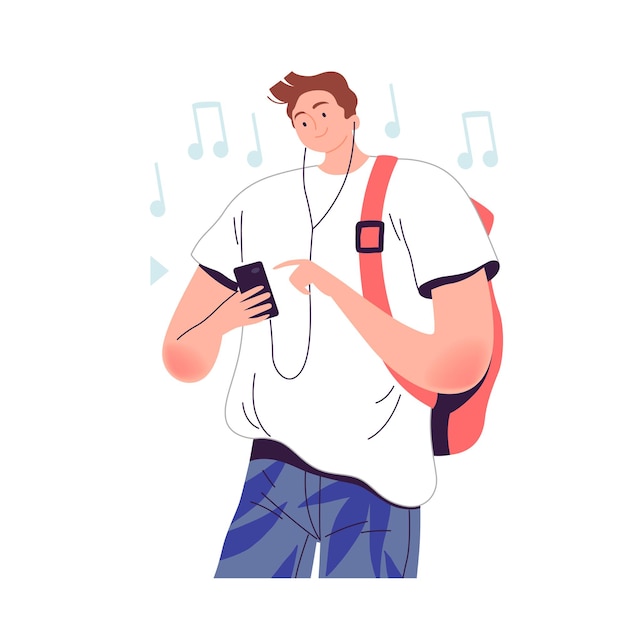 man with a phone in his hand listens to music in headphones