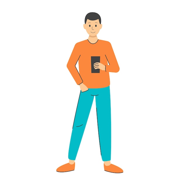 Man with phone isolated vector young guy stands and holds smartphone in his hand adult writes messag