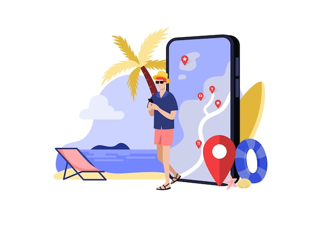 Vector man with phone screen and beach behind concept image of a navigation application for travel