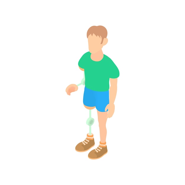 Man with prosthetic leg and arm icon in cartoon style on a white background