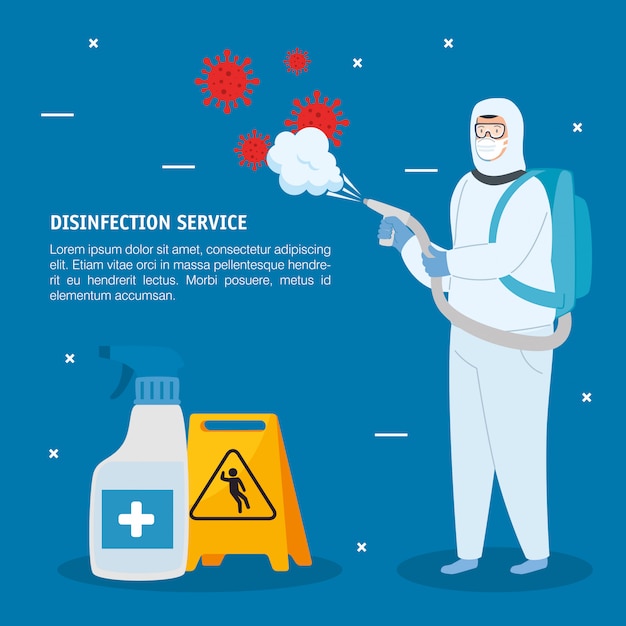 Man with protective suit spraying  virus and sanitizer bottle  