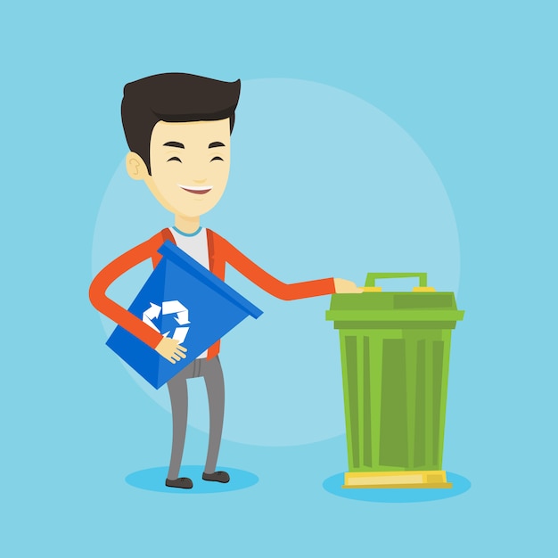 Man with recycle bin and trash can.