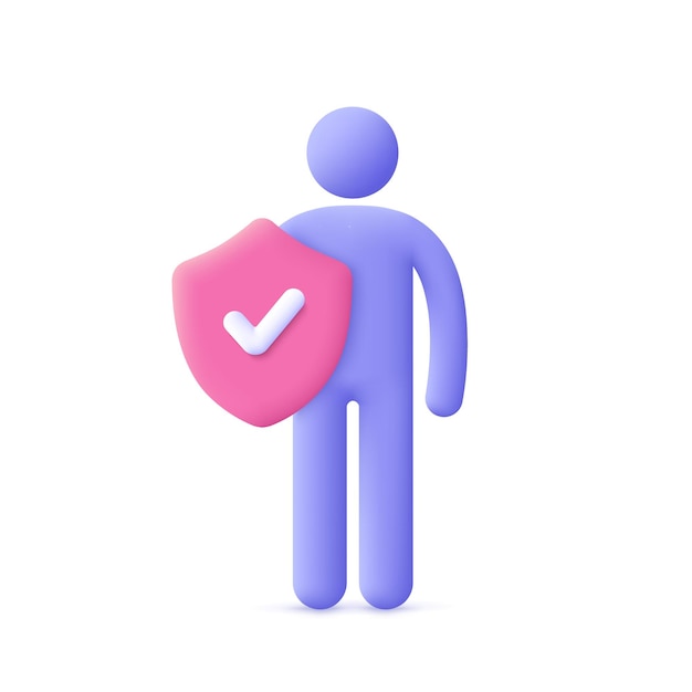 Man with shield Security safety and protection concept 3d vector icon Cartoon minimal style