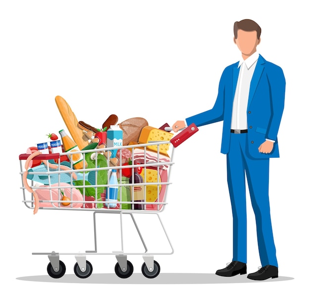 Vector man with shopping cart full of fresh products