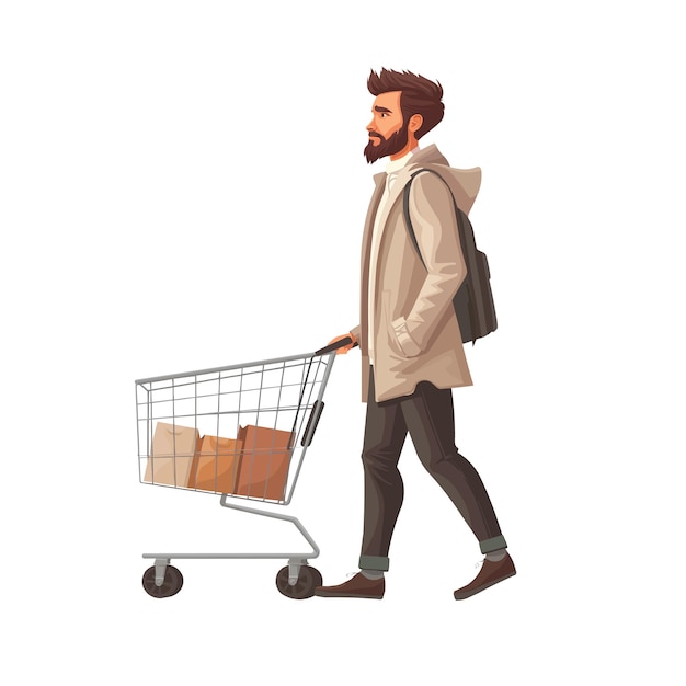 Vector man with shopping cart shopping flat illustration isolated on white background concept