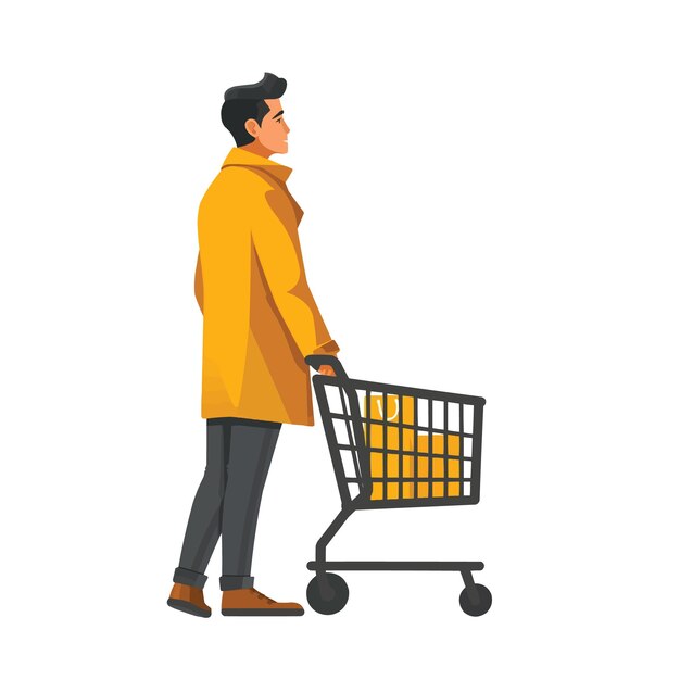 Vector man with shopping cart shopping flat illustration isolated on white background concept