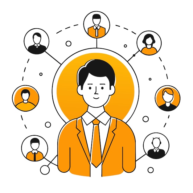 a man with a suit and a circle of people Line color business illustration