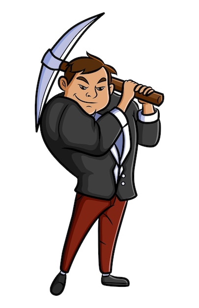 The man with the suit is holding the pickaxe