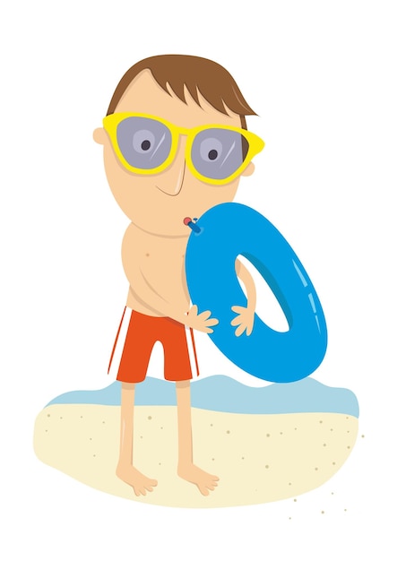 A man with sunglasses filling a inflatable ring on the beach