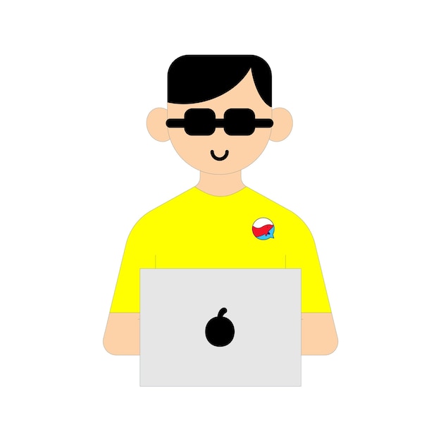 A man with sunglasses and a laptop with a logo that says'i'm a computer '