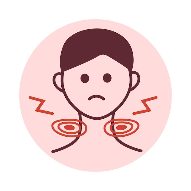 Man with swollen lymph nodes. Vector line art