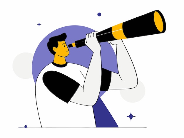 Vector man with telescope observing the celestial landscape