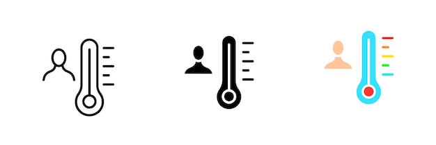 Man with a thermometer Measure temperature heat cold body temperature Celsius air Vector set icon in line black and colorful styles isolated on white background