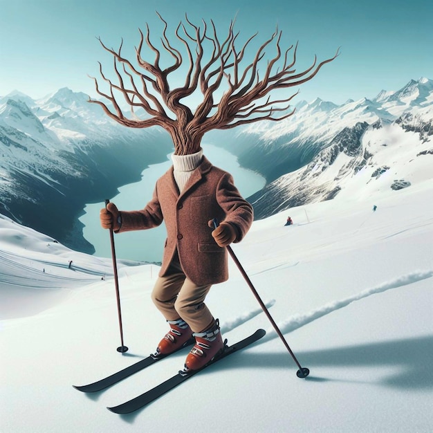 Vector man with tree head skiing down a mountain