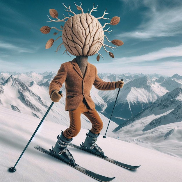 Vector man with tree head skiing down a mountain