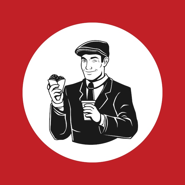 man with uniform holding food and drink illustration