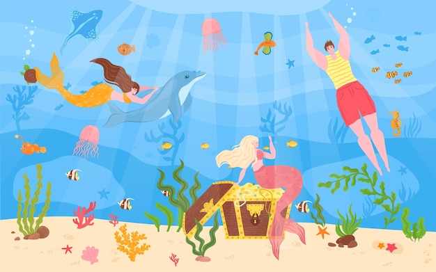 Vector man with woman mermaid in sea vector illustration underwater character with tail swimming fantasy