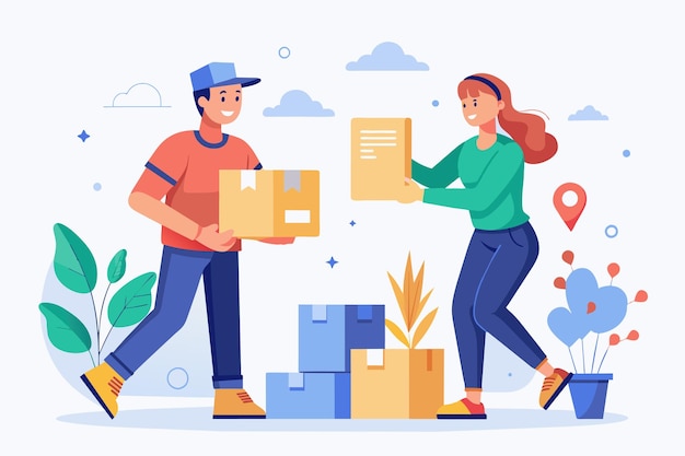 Vector a man and a woman are actively moving cardboard boxes in a residential setting the courier delivers the package to the customer simple and minimalist flat vector illustration