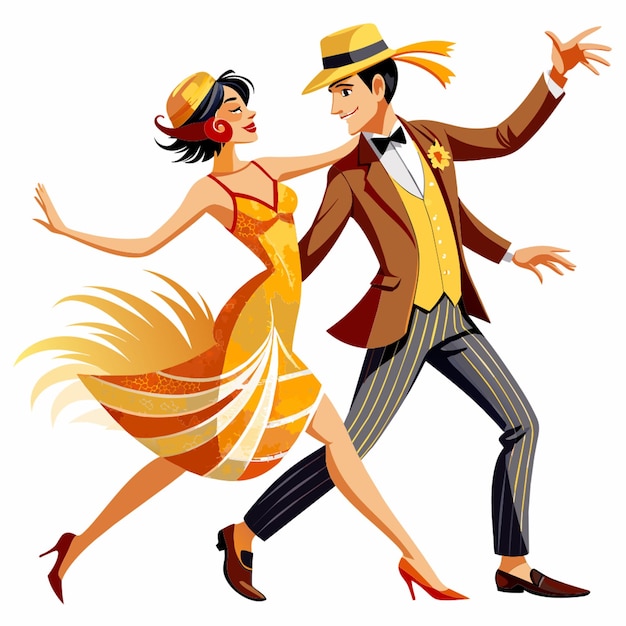 a man and a woman are dancing in a dress that has a yellow dress on it