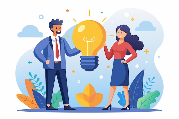 A man and a woman are engaged in a discussion sharing ideas around a light bulb concept in a bright environment Man and woman near parts of light bulb