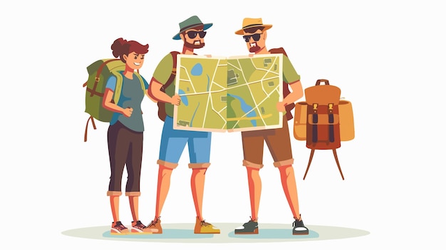 Vector a man and a woman are looking at a map with a map and a man wearing a hat