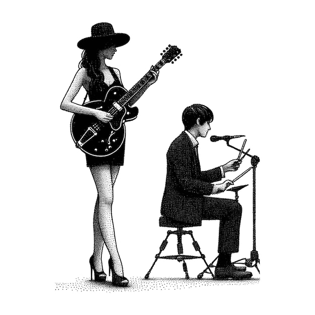 Vector a man and a woman are playing a keyboard and a man is playing a guitar and the woman is wearing a hat