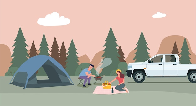 A man and a woman are relaxing in nature in a tent camp.  flat style illustration.