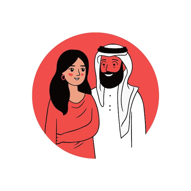 a man and a woman are standing in front of a red circle