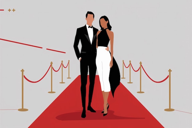 a man and a woman are standing on a red carpet