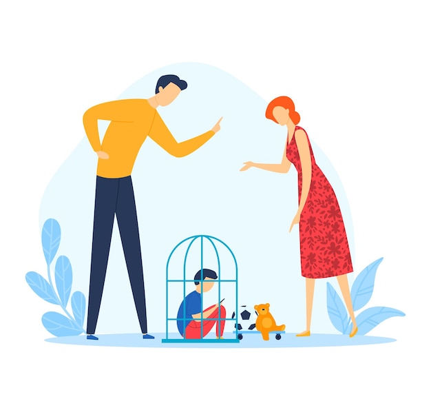 Man and woman arguing while a child sits inside a birdcage family conflict concept parents quarrel