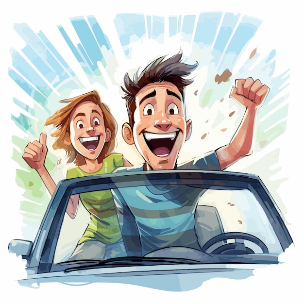 a man and a woman in a car with the words happy and happy