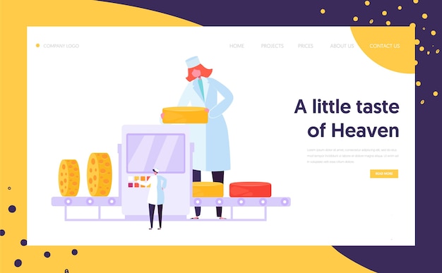 Man Woman Character at Cheese Packing Factory Line Landing Page.